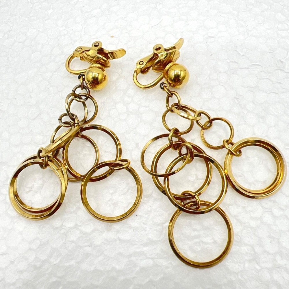 Vintage Trifari 2" Earrings Dangle Articulated Circles Clip On Boho GoGo‎ Disco
